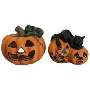 Vintage Pair Studio 33 Chalkware Pumpkin Black Cat Halloween Candle Holders